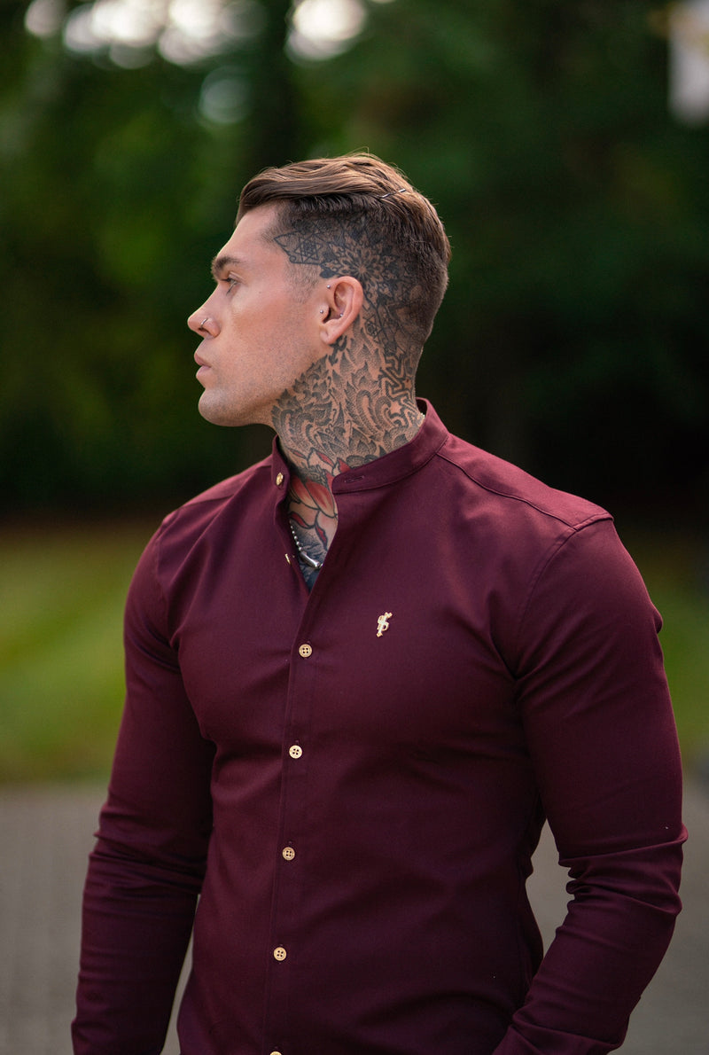 Father Sons Super Slim Stretch Burgundy Denim Long Sleeve Grandad collar with Metal Buttons and Decal Emblem - FS721