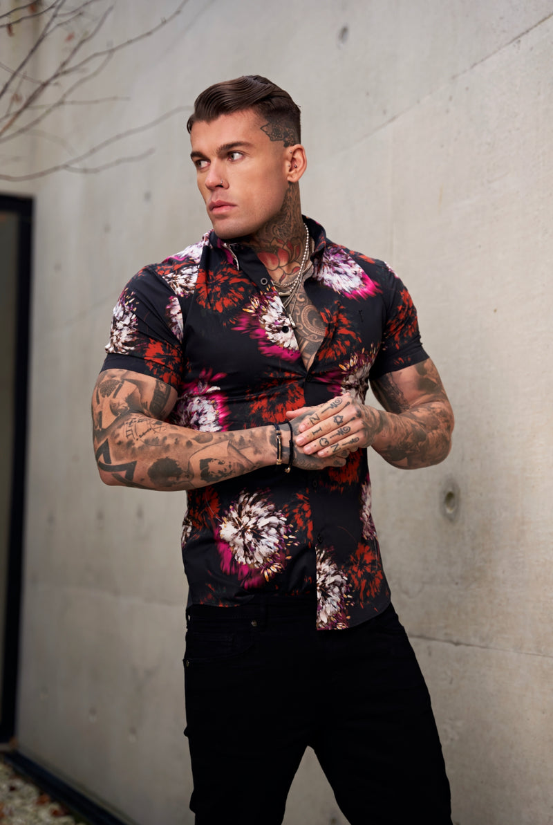 Father Sons Super Slim Stretch Black with Red / Pink Blurred Flower Print Short Sleeve with Button Down Collar - FS845