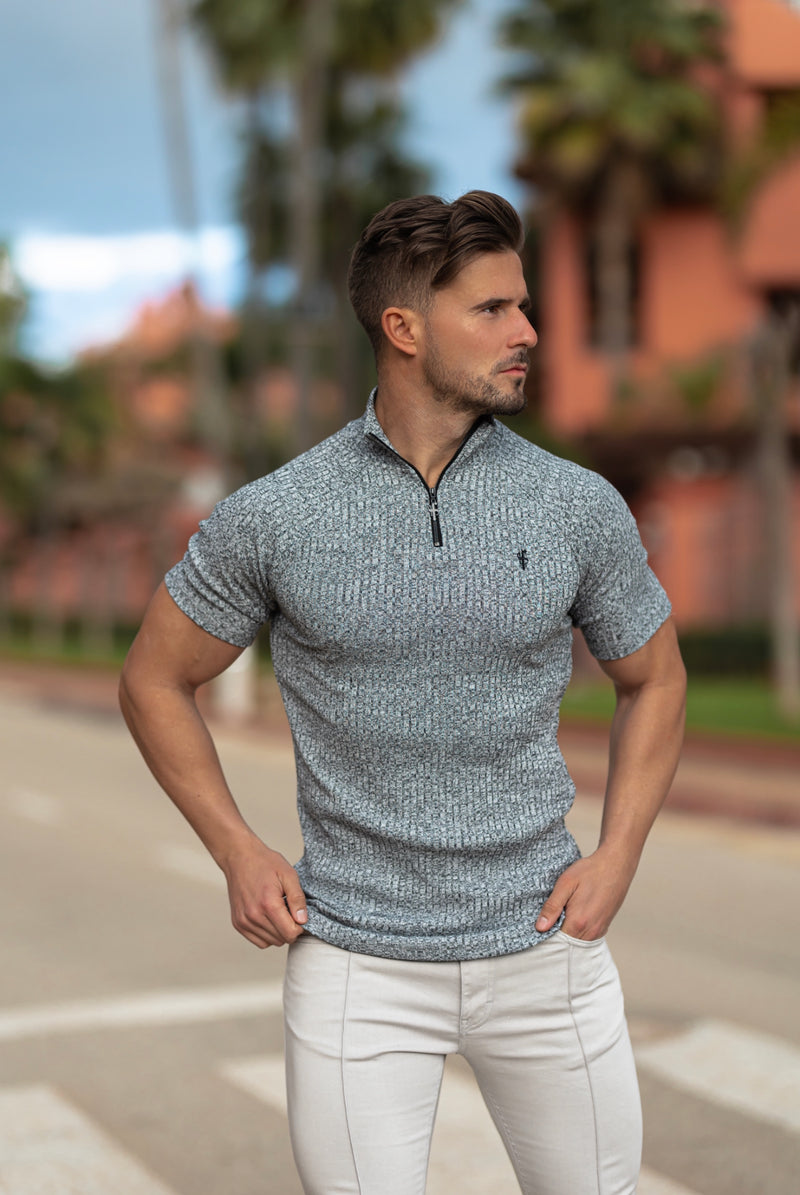 Father Sons Classic Grey Ribbed Zip Funnel Neck Raglan Short Sleeve Crew – FSH730