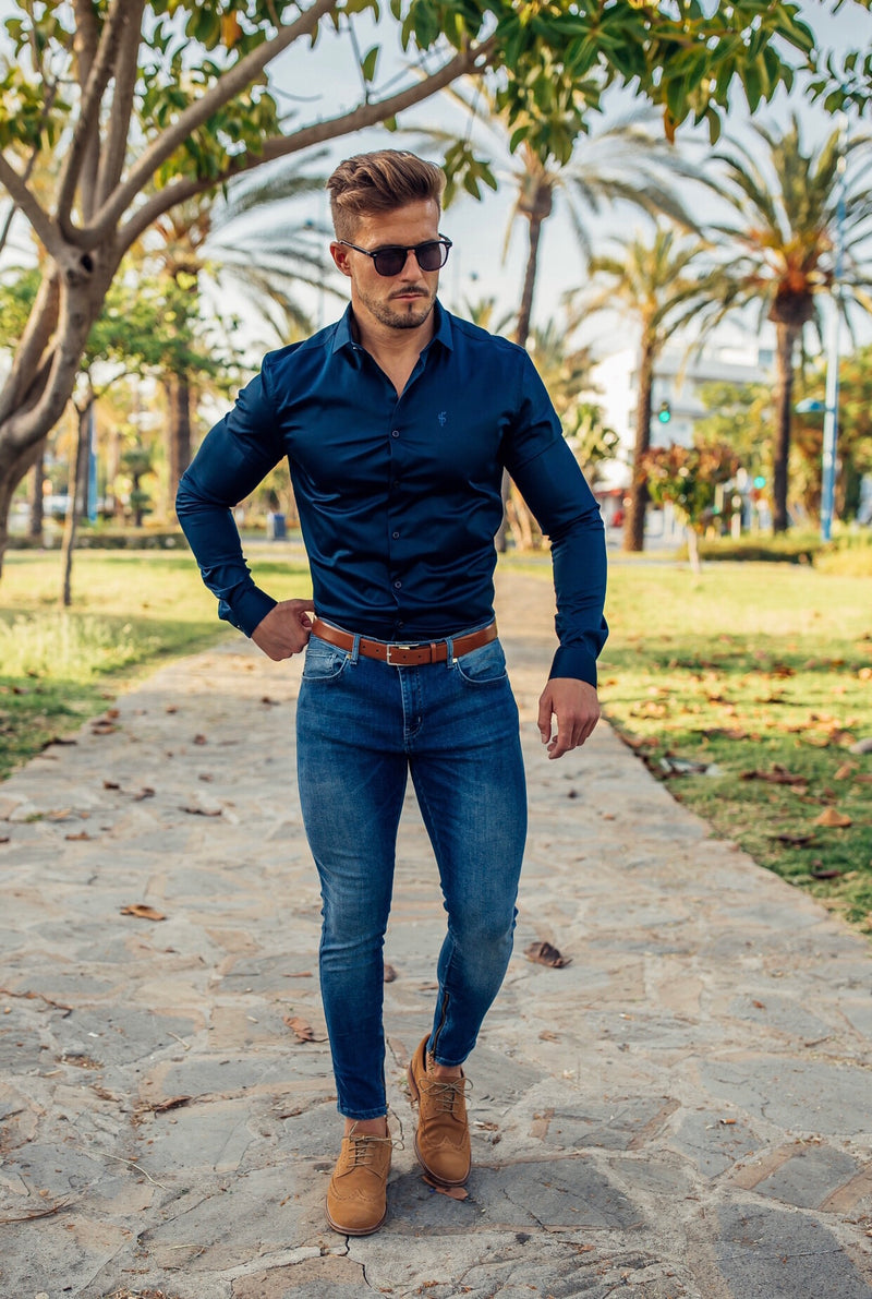 Vater-Söhne-Jeans mit Reißverschluss am Knöchel, schlichte, schmale Stretch-Jeans in Blau – FSH181