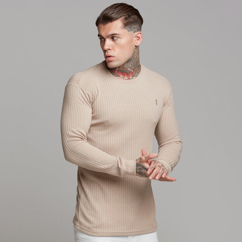 Father Sons Classic Beige Long Sleeve Ribbed Knit Super Slim Crew - FSH293