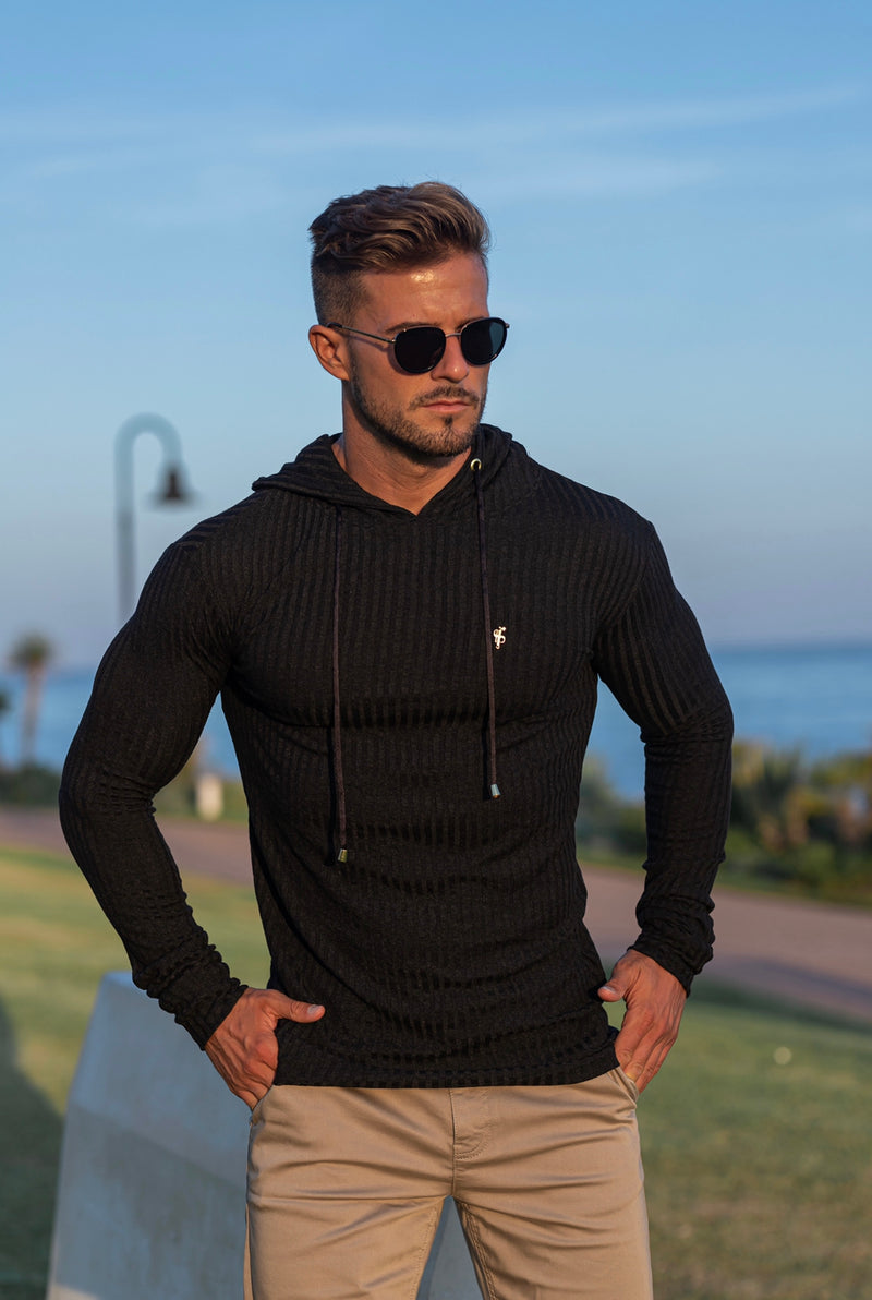 Father Sons Klassischer Kapuzenpullover aus geripptem Strick in Schwarz und Gold – FSH511