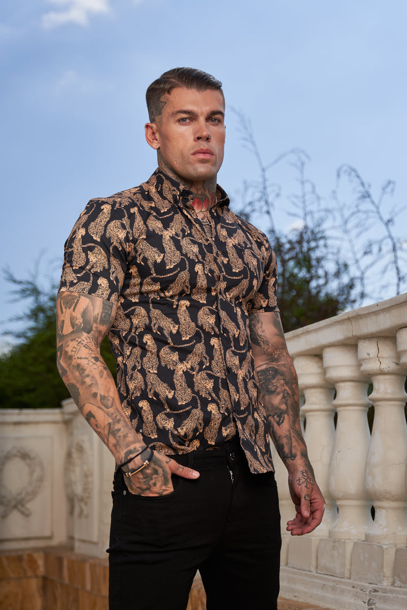 Father Sons Super Slim Stretch Black / Tan Cheetah Print Short Sleeve with Button Down Collar - FS789