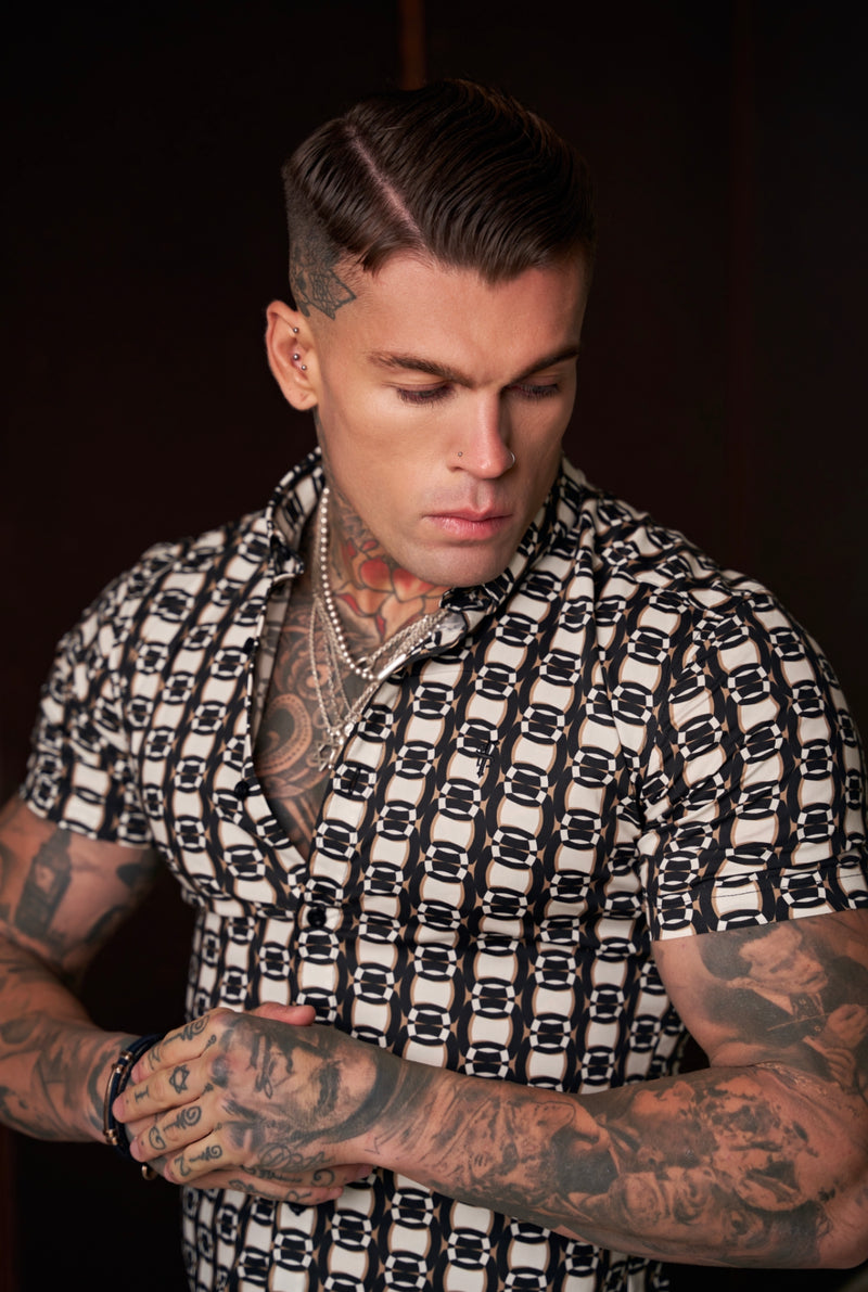 Father Sons Super Slim Stretch Black / Cream / Taupe Link Print Short Sleeve with Button Down Collar - FS849