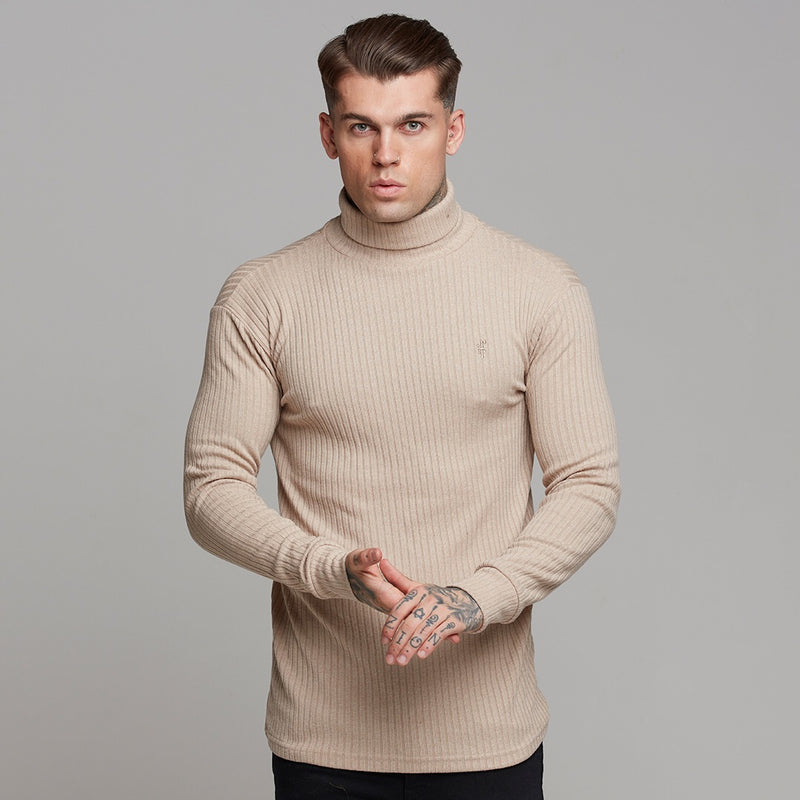 Klassischer beigefarbener Rollkragenpullover aus geripptem Strick von Father Sons – FSH292