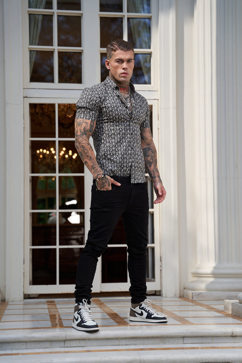 Father Sons Super Slim Stretch Black and Ecru Geo Flower Print Short Sleeve with Button Down Collar - FS787