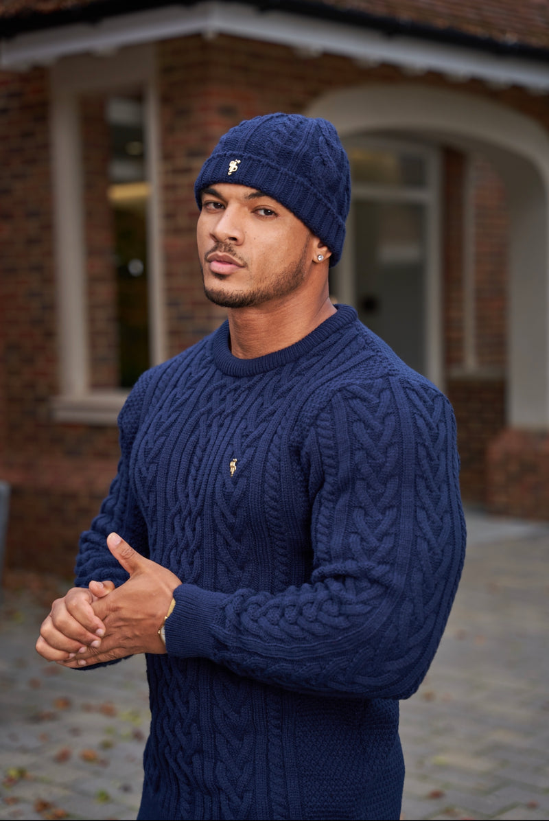 Father Sons Navy Twisted Braid Weave Super Slim Pullover mit goldenem Aufkleber – FSJ036