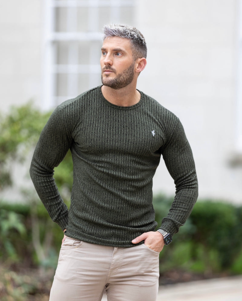 Father Sons klassischer gerippter Strickpullover in Khaki/Weiß – FSH769