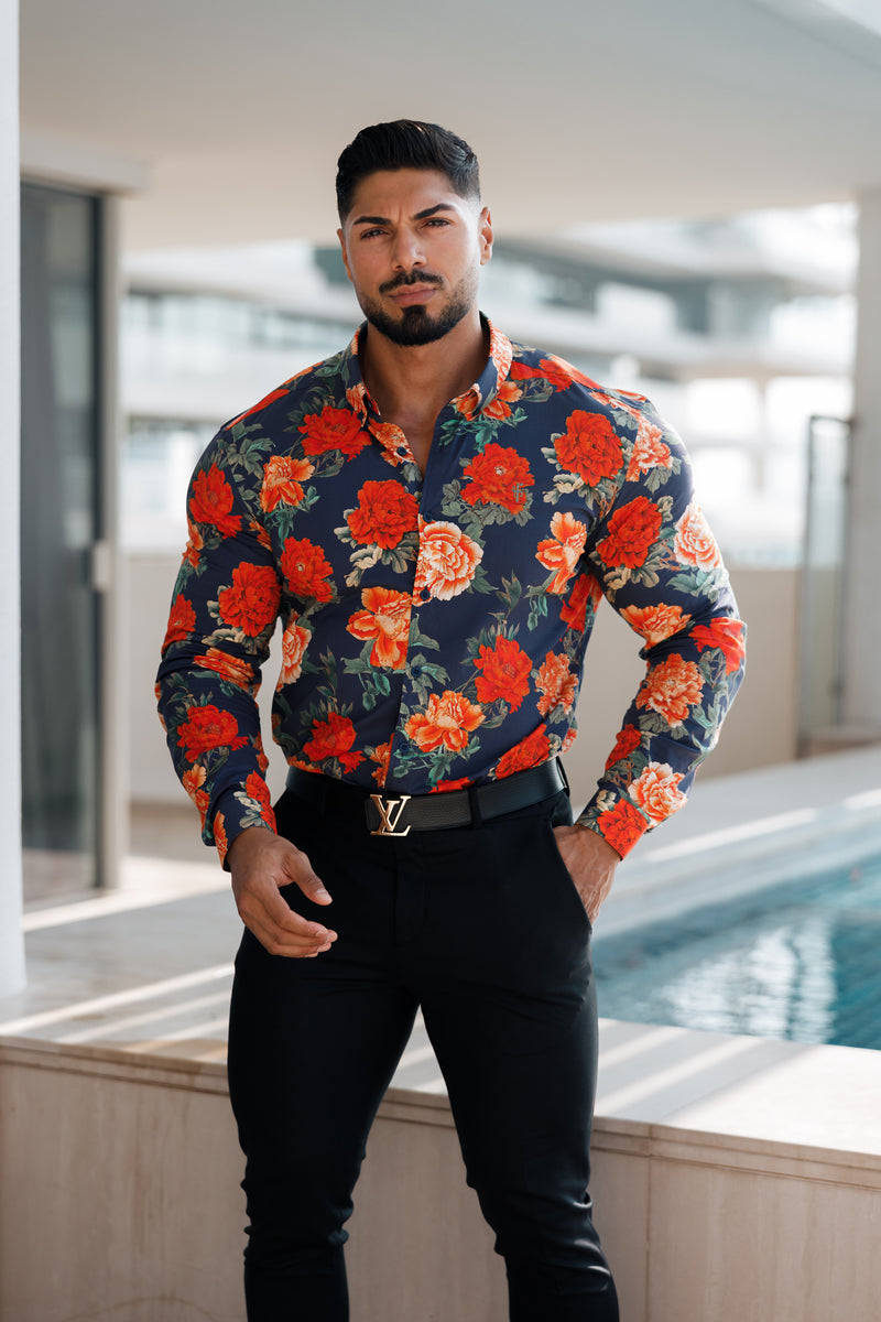 Father Sons Super Slim Stretch Navy and Red Floral Print Long Sleeve with Button Down Collar - FS840