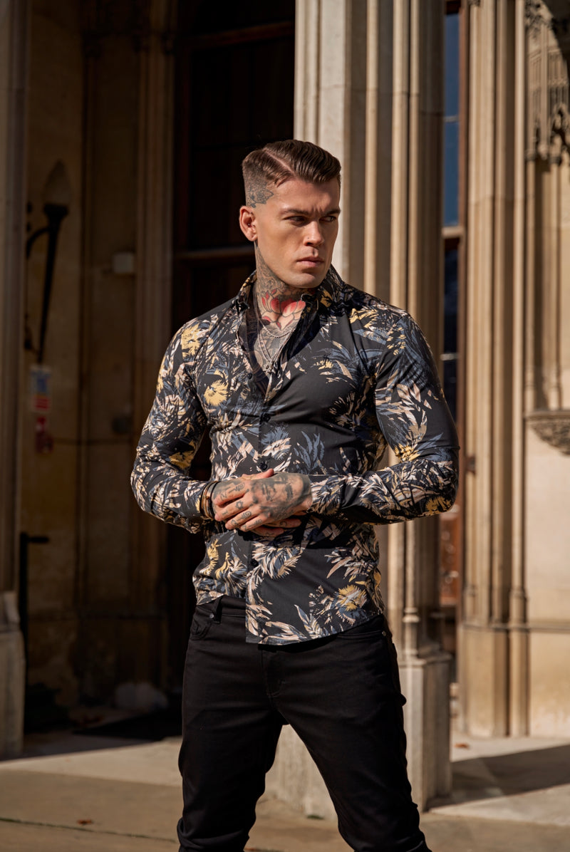 Father Sons Super Slim Stretch Dark Jungle Print Langarmshirt mit Button-Down-Kragen – FS906