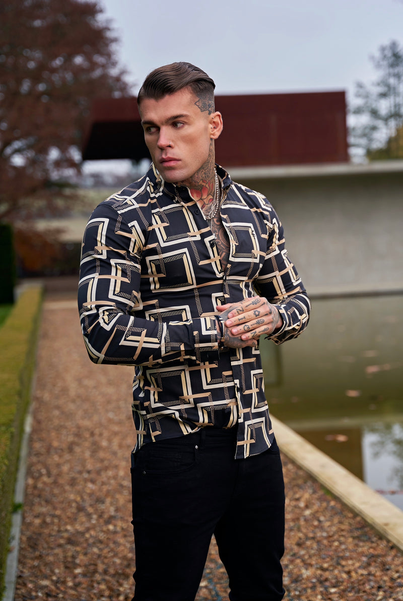 Father Sons Super Slim Stretch Black / Cream Interlinked Square Print Long Sleeve with Button Down Collar - FS850