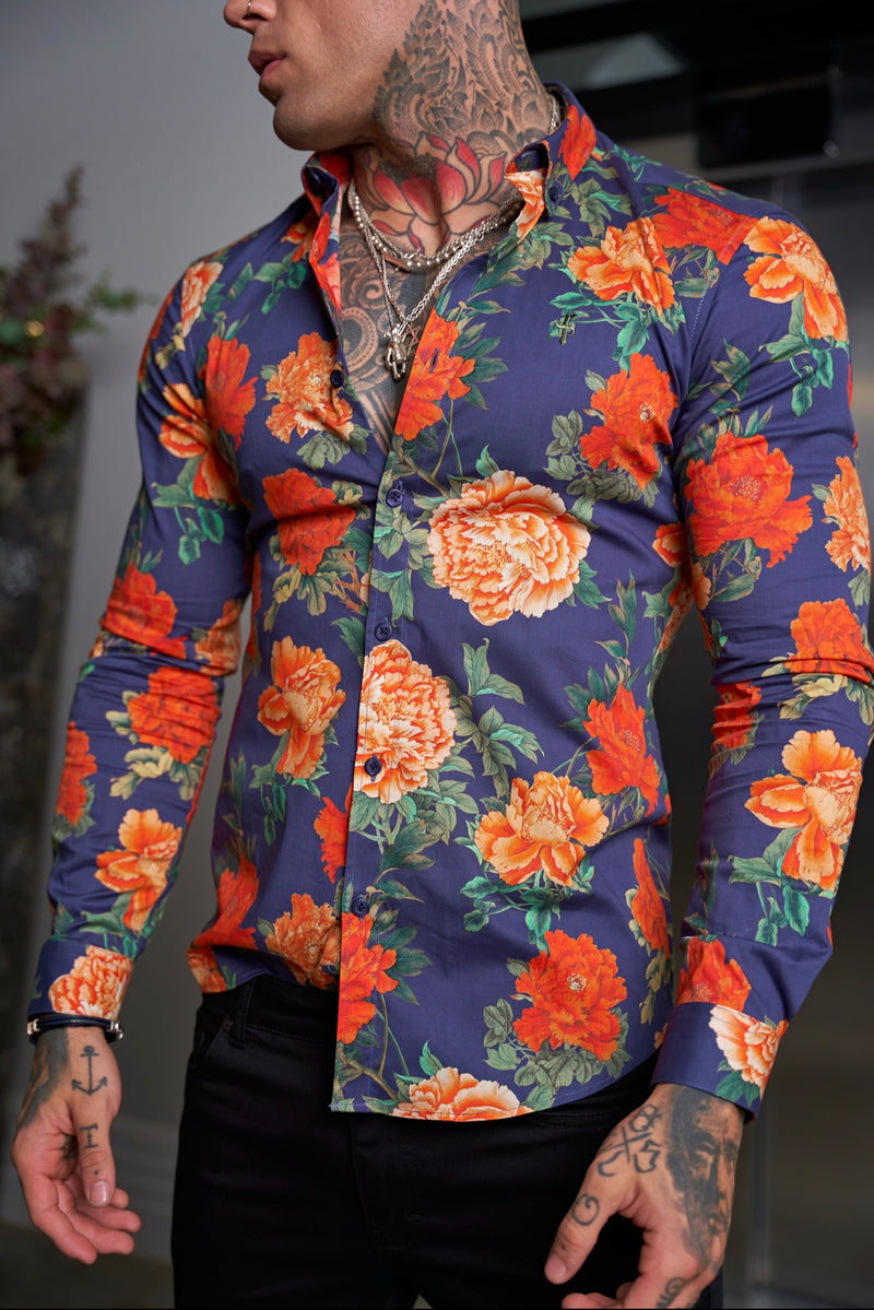 Father Sons Super Slim Stretch Langarmshirt mit Blumenmuster in Marineblau und Rot und Button-Down-Kragen – FS840