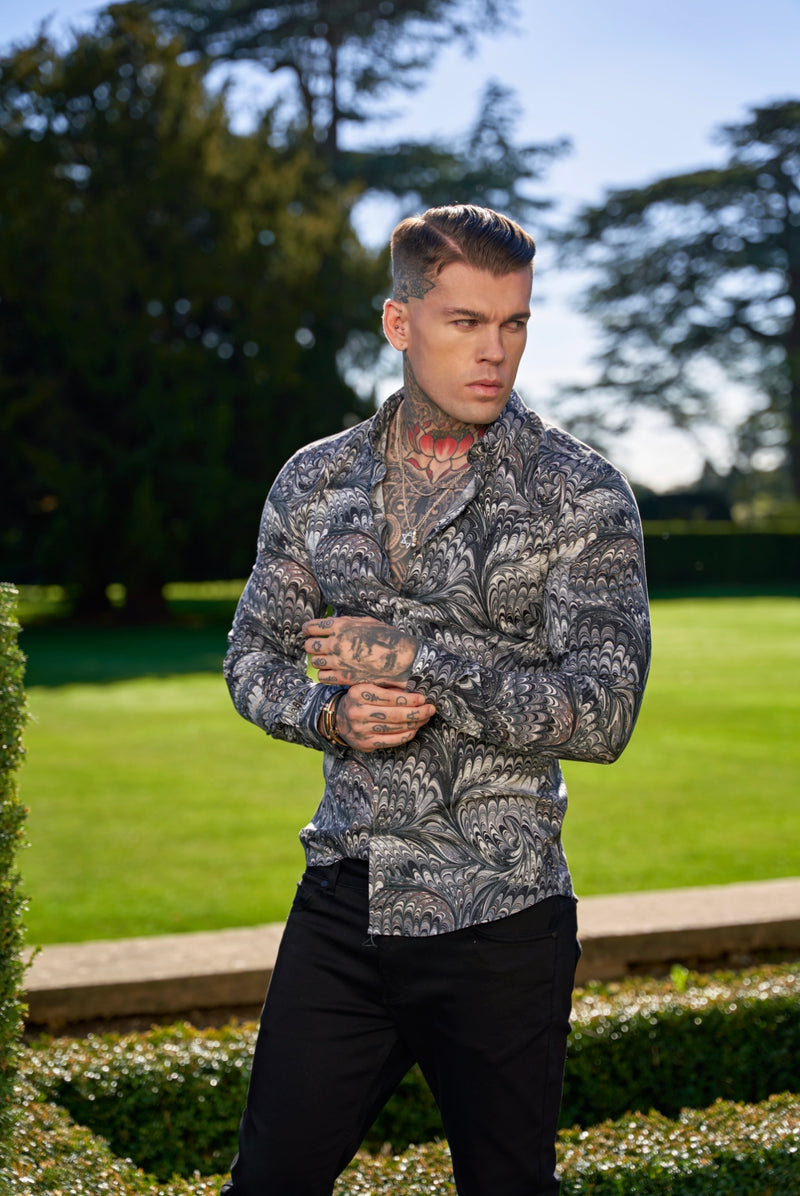 Father Sons Super Slim Stretch Grey / Black Peacock Print Long Sleeve with Button Down Collar - FS912