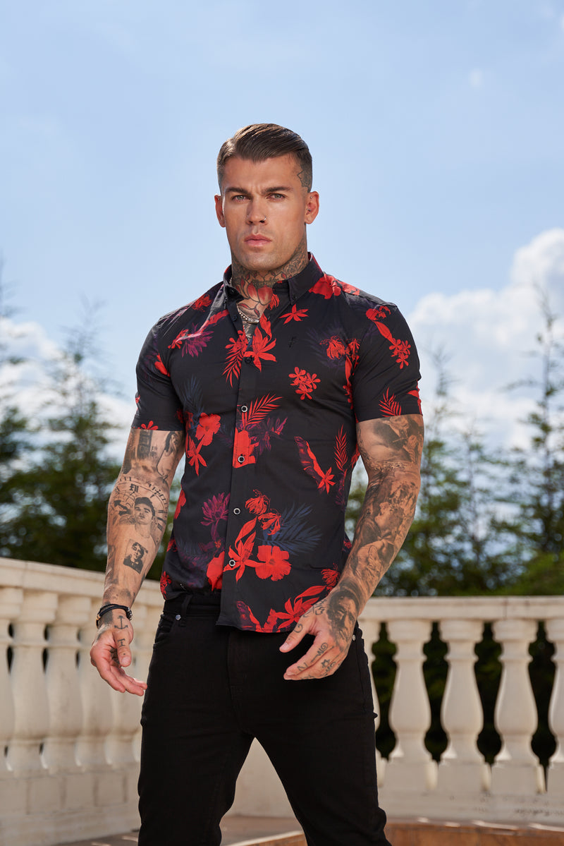 Father Sons Super Slim Stretch Black and Red Floral Print Short Sleeve with Button Down Collar - FS767