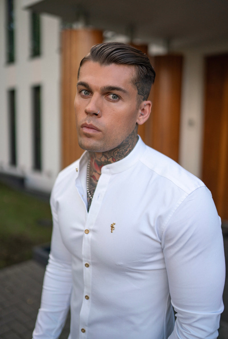 Father Sons Super Slim Stretch White Denim Long Sleeve Grandad collar with Metal Buttons and Decal Emblem - FS719