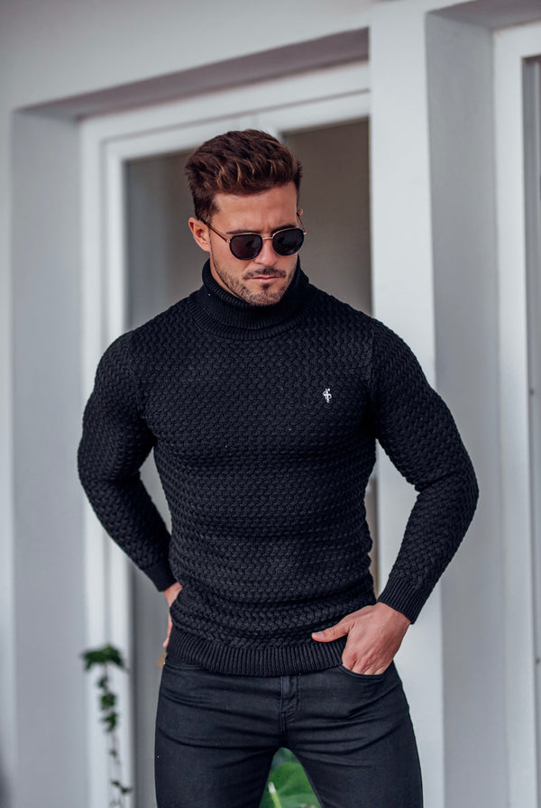 Father Sons Black Knitted Roll Neck Weave Super Slim Jumper With Metal Decal - FSJ024