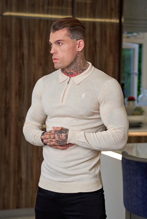 Father Sons Classic Beige Merino Wool Knitted Zip Polo Long Sleeve Jumper With FS Embroidery- FSN008