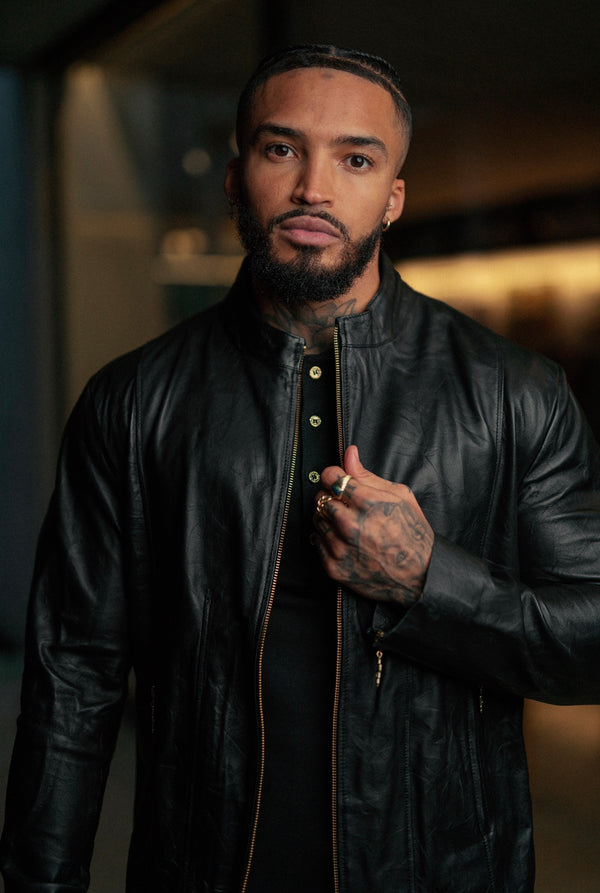 Schwarze Lammlederjacke von Father Sons mit goldenen Reißverschlüssen – FSH610