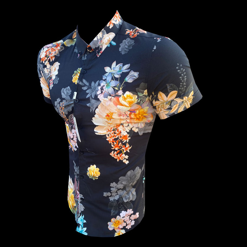 Father Sons Super Slim Stretch Black Mixed Lily Floral Print Short Sleeve with Button Down Collar - FS855