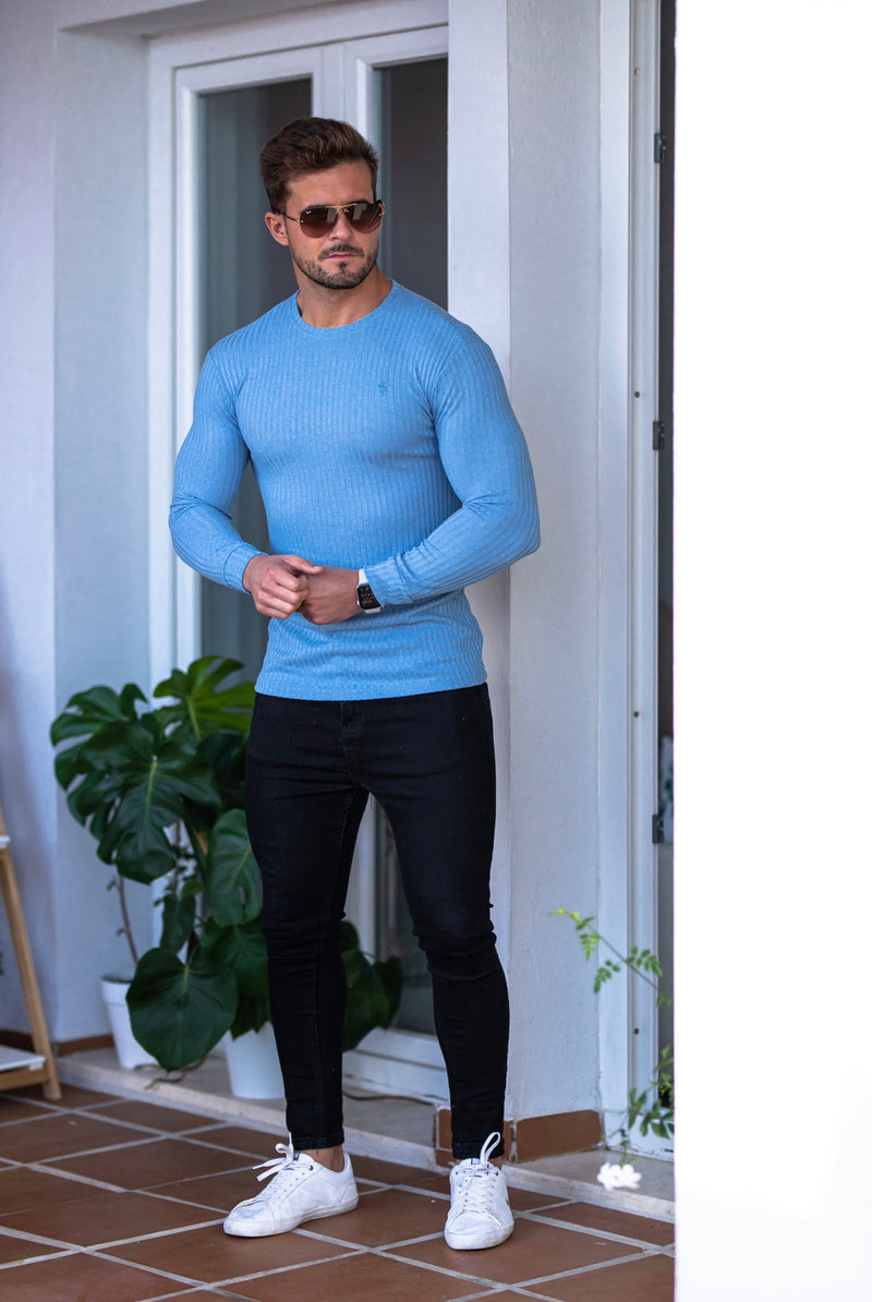 Klassischer gerippter Strickpullover von Father Sons in Babyblau – FSH594