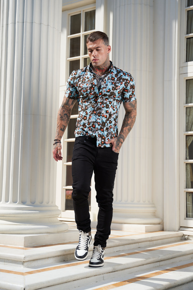 Father Sons Super Slim Stretch Multi Colour Abstract Leopard Print Short Sleeve with Button Down Collar - FS790