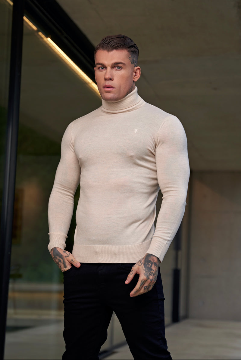 Father Sons Klassischer beige Rollkragenpullover aus Merinowolle mit FS-Stickerei – FSN012