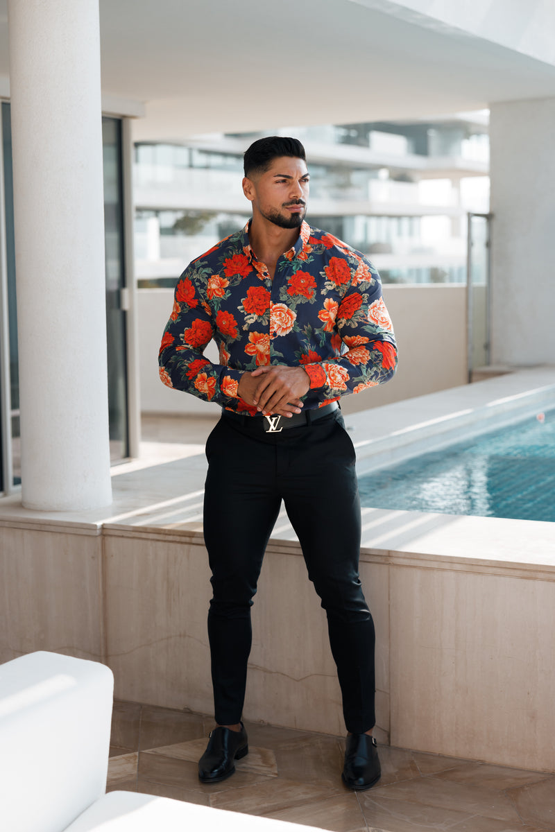 Father Sons Super Slim Stretch Navy and Red Floral Print Long Sleeve with Button Down Collar - FS840