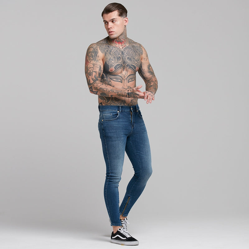 Vater-Söhne-Jeans mit Reißverschluss am Knöchel, schlichte, schmale Stretch-Jeans in Blau – FSH181
