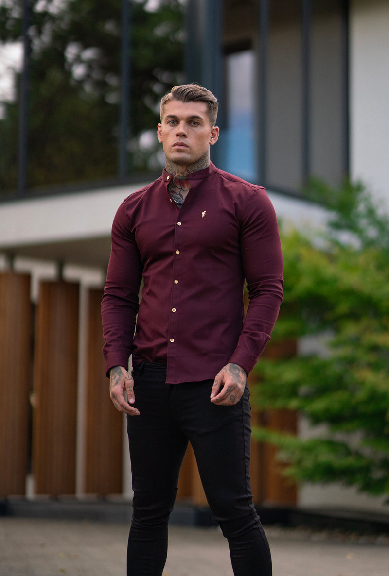 Father Sons Super Slim Stretch Burgundy Denim Long Sleeve Grandad collar with Metal Buttons and Decal Emblem - FS721