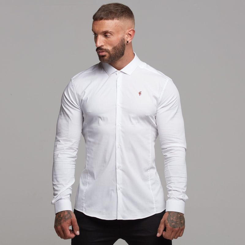 Father Sons Super Slim Stretch Classic White Panel Shirt (Burgundy embroidery) - FS316 (LAST CHANCE)