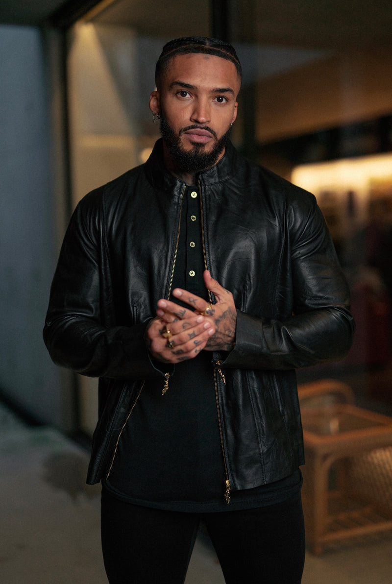 Schwarze Lammlederjacke von Father Sons mit goldenen Reißverschlüssen – FSH610