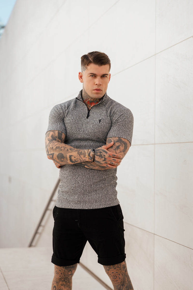 Father Sons Classic Grey Ribbed Zip Funnel Neck Raglan Short Sleeve Crew – FSH730