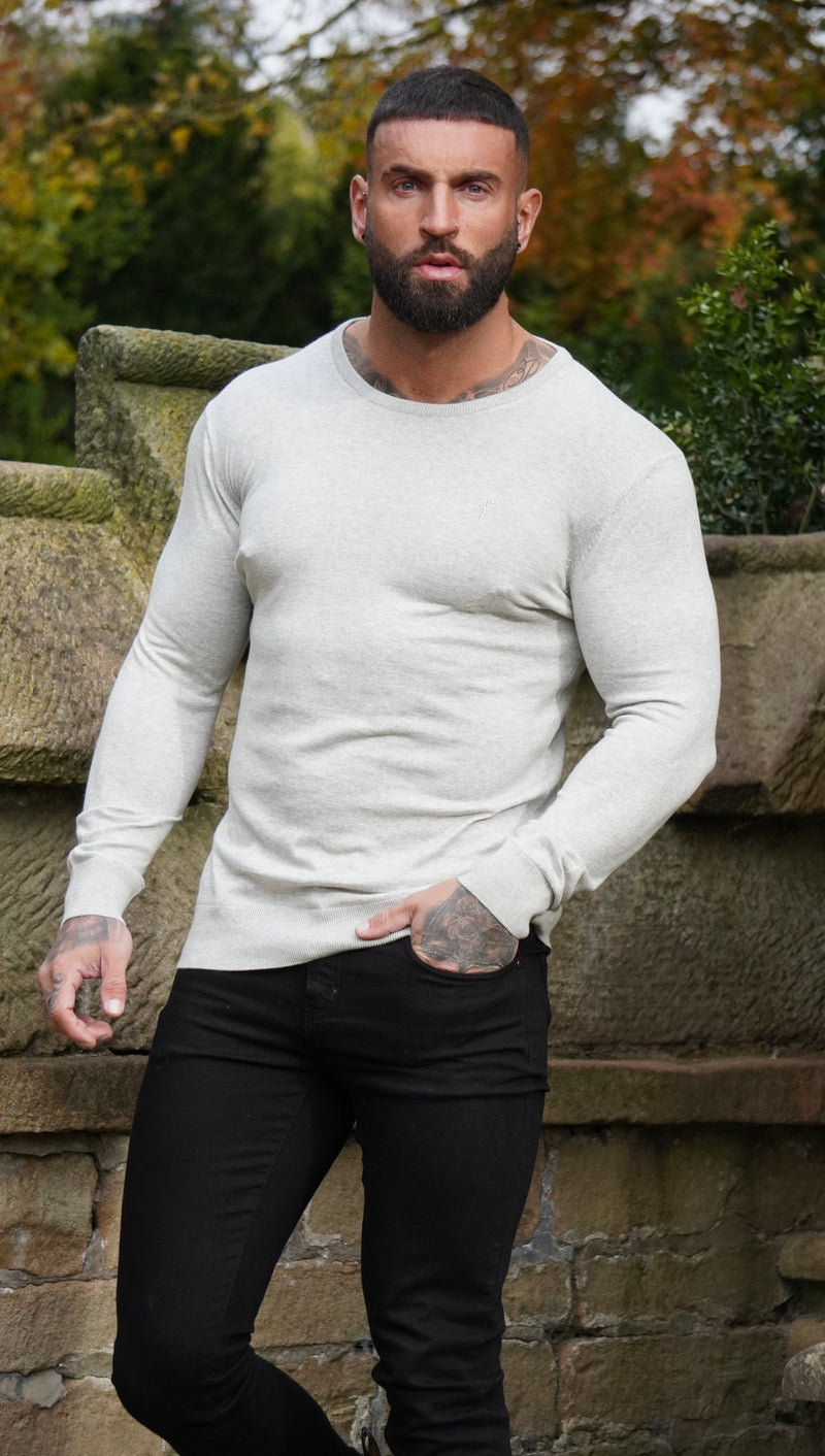 Father Sons Classic Light Grey Marl Crew Neck Knitted Jumper with Tonal Emblem - FSH674
