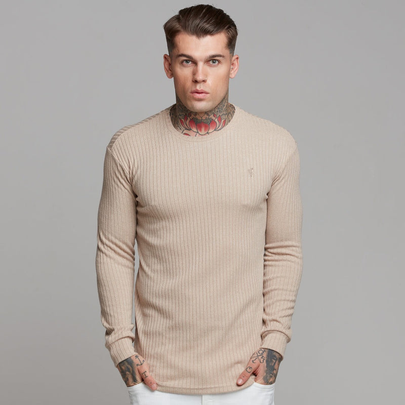 Father Sons Classic Beige Long Sleeve Ribbed Knit Super Slim Crew - FSH293