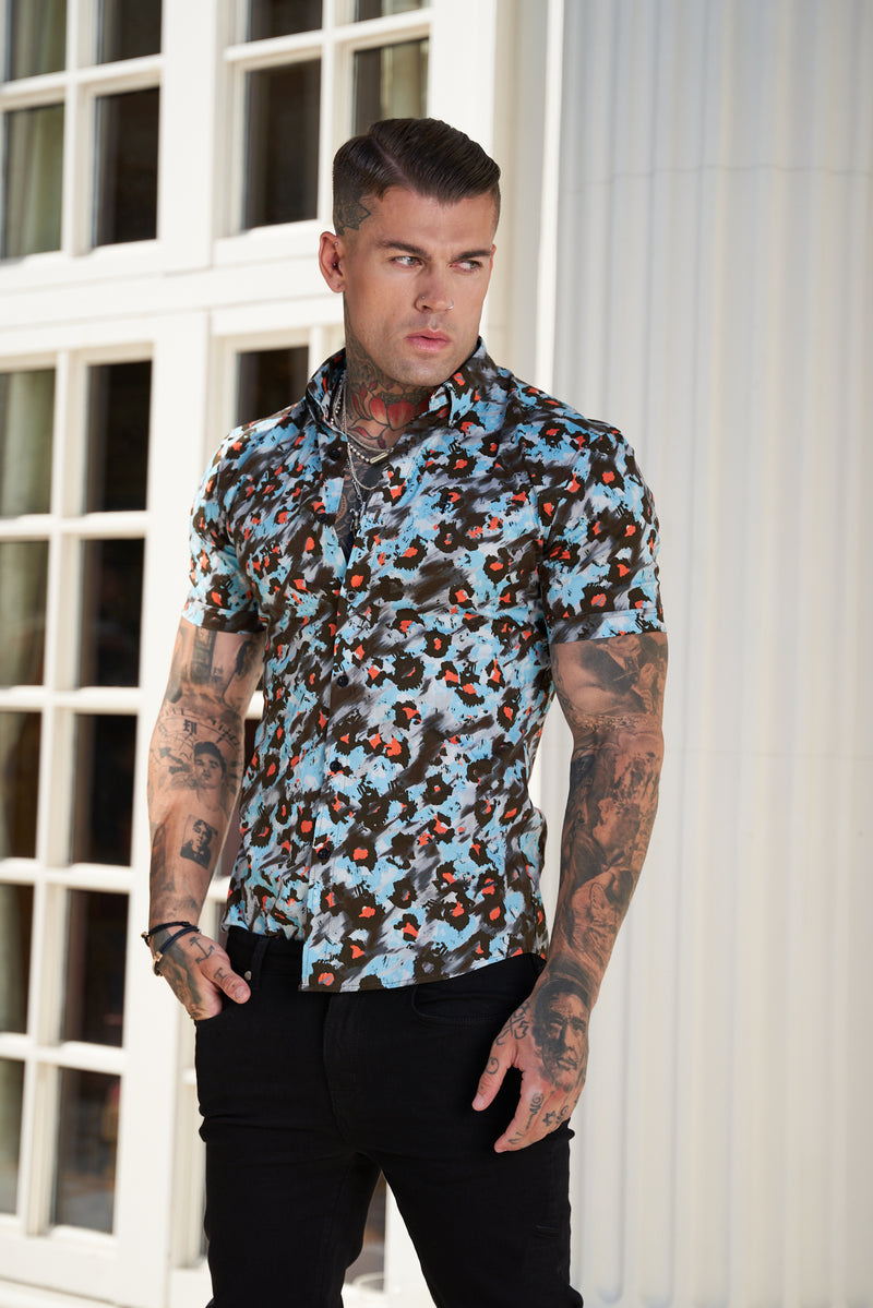 Father Sons Super Slim Stretch Multi Colour Abstract Leopard Print Short Sleeve with Button Down Collar - FS790