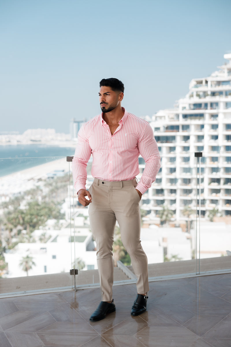 Father Sons Super Slim Stretch White / Pink Stripe Print Long Sleeve with Button Down Collar - FS888