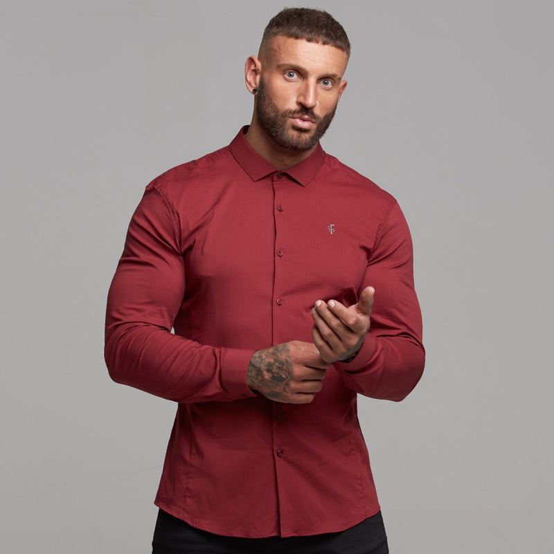 Father Sons Super Slim Stretch Classic Oxblood Panel Shirt (Graue Stickerei) – FS318