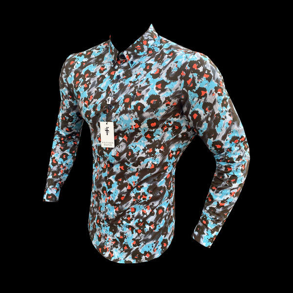 Father Sons Super Slim Stretch Mehrfarbiges, abstraktes Leopardenmuster-Langarmshirt mit Button-Down-Kragen – FS796