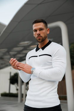 Father Sons klassisches langärmliges Poloshirt mit Reißverschluss in Weiß/Schwarz mit horizontalen Streifen – FSN050