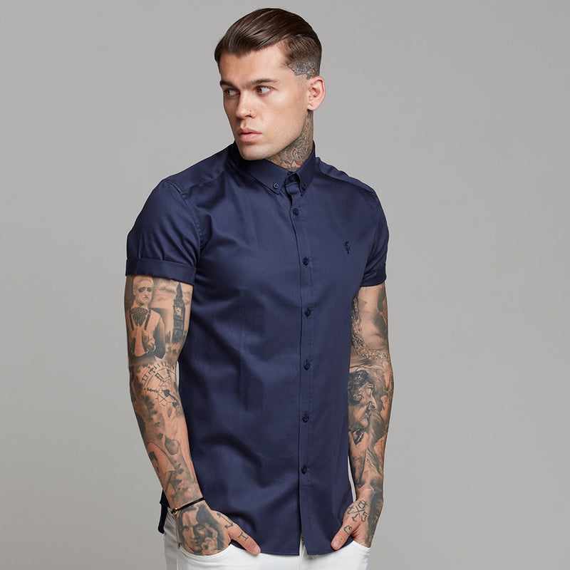 Father Sons Classic Navy Luxe Button-Down-Kurzarmshirt aus ägyptischer Baumwolle – FS500 (LETZTE CHANCE)