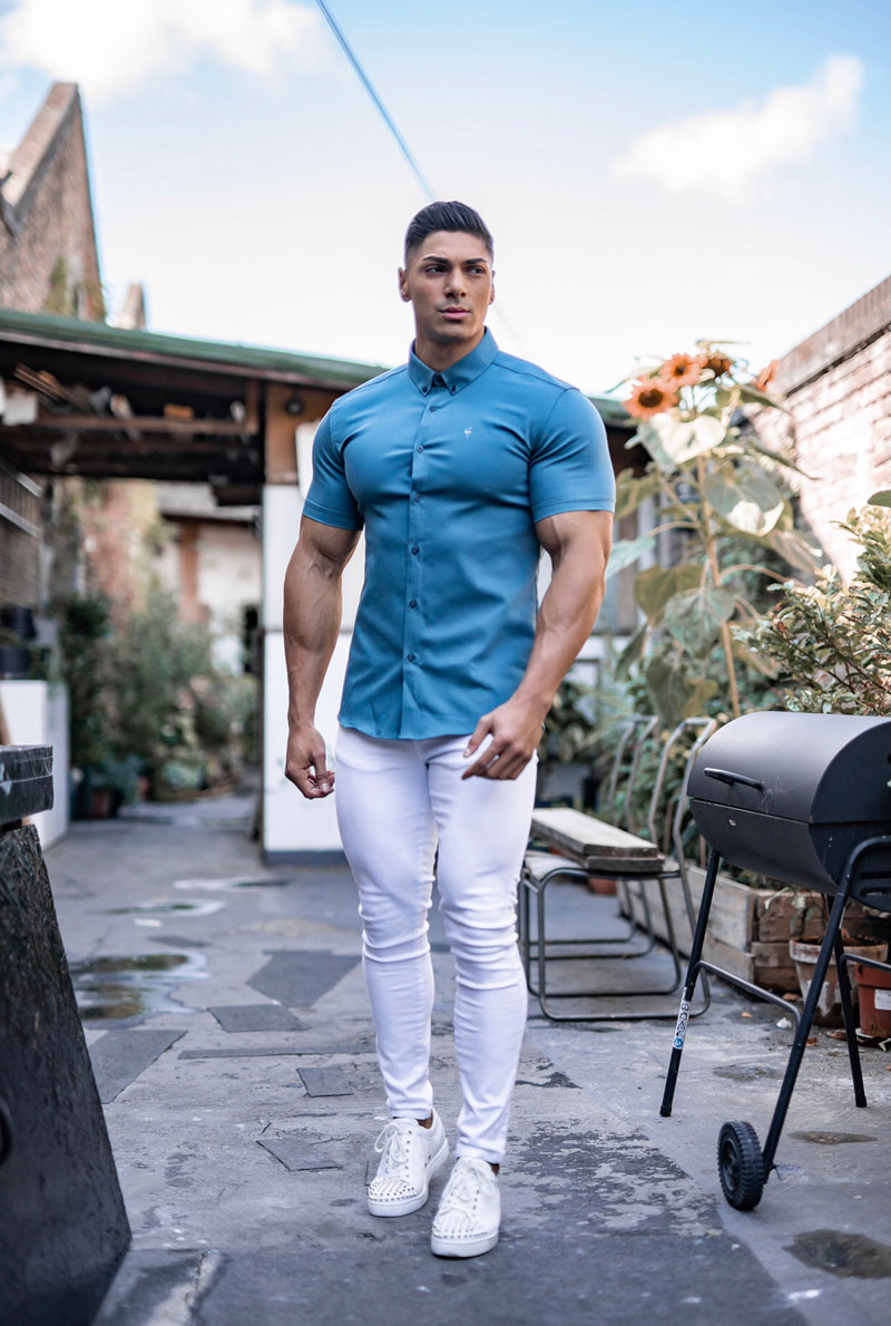 Father Sons Super Slim Stretch Teal Denim Short Sleeve - FS328