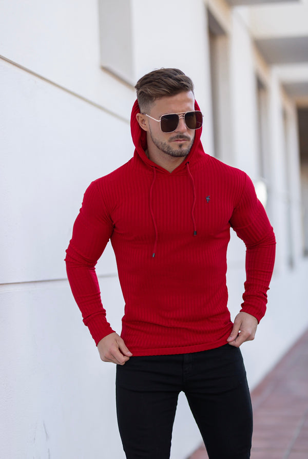 Father Sons klassischer roter Rippstrick-Kapuzenpullover mit schwarzem Emblem – FSH620