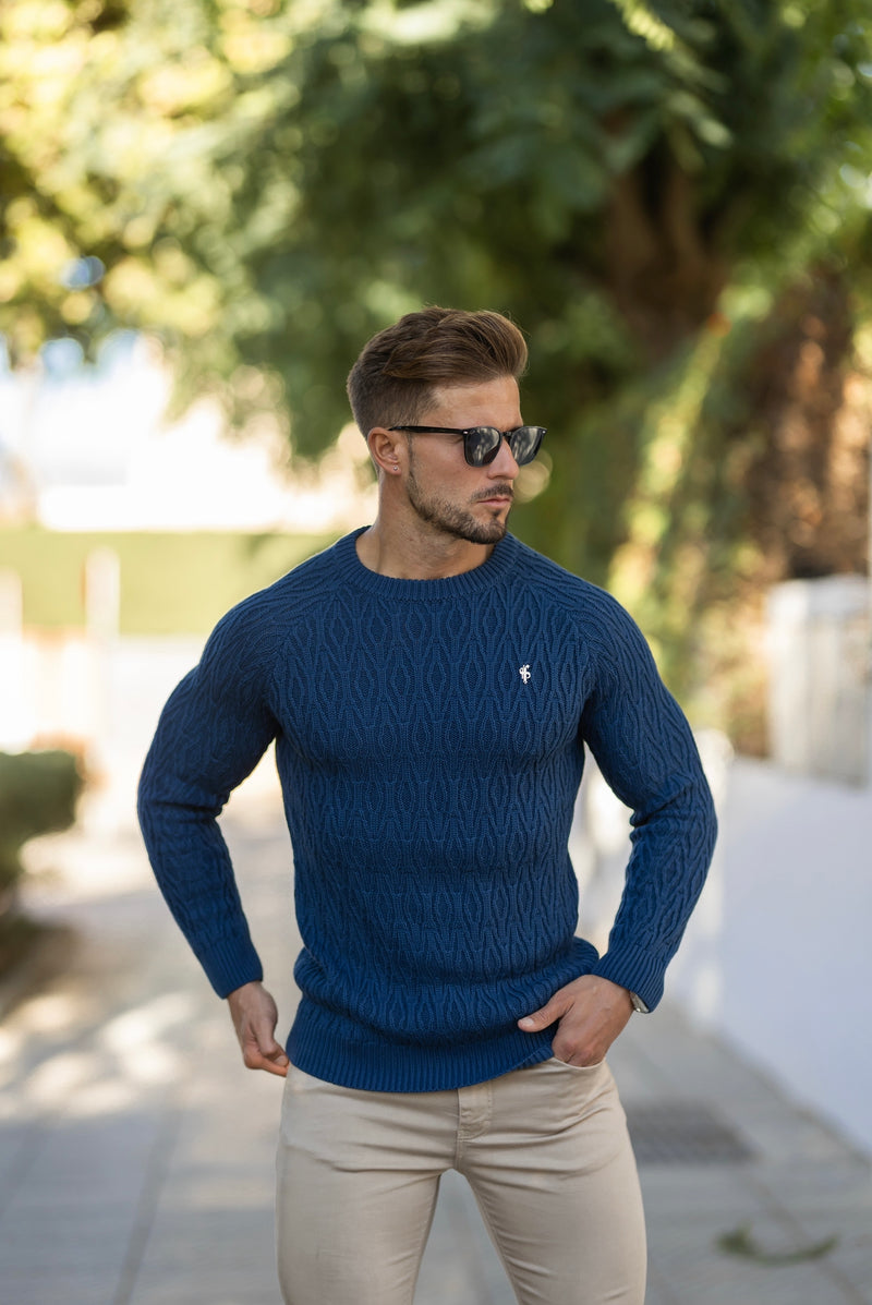 Father Sons Air Force Blue Knitted Elongated Diamond Crew Super Slim Raglan Jumper With Metal Decal - FSN046