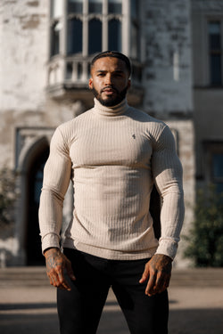 Father Sons Classic Beige / Black Ribbed Knit Roll Neck Jumper - FSH779