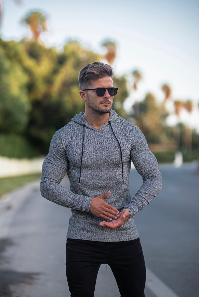 Father Sons Klassischer Kapuzenpullover aus geripptem Strick in Grau/Schwarz – FSH509