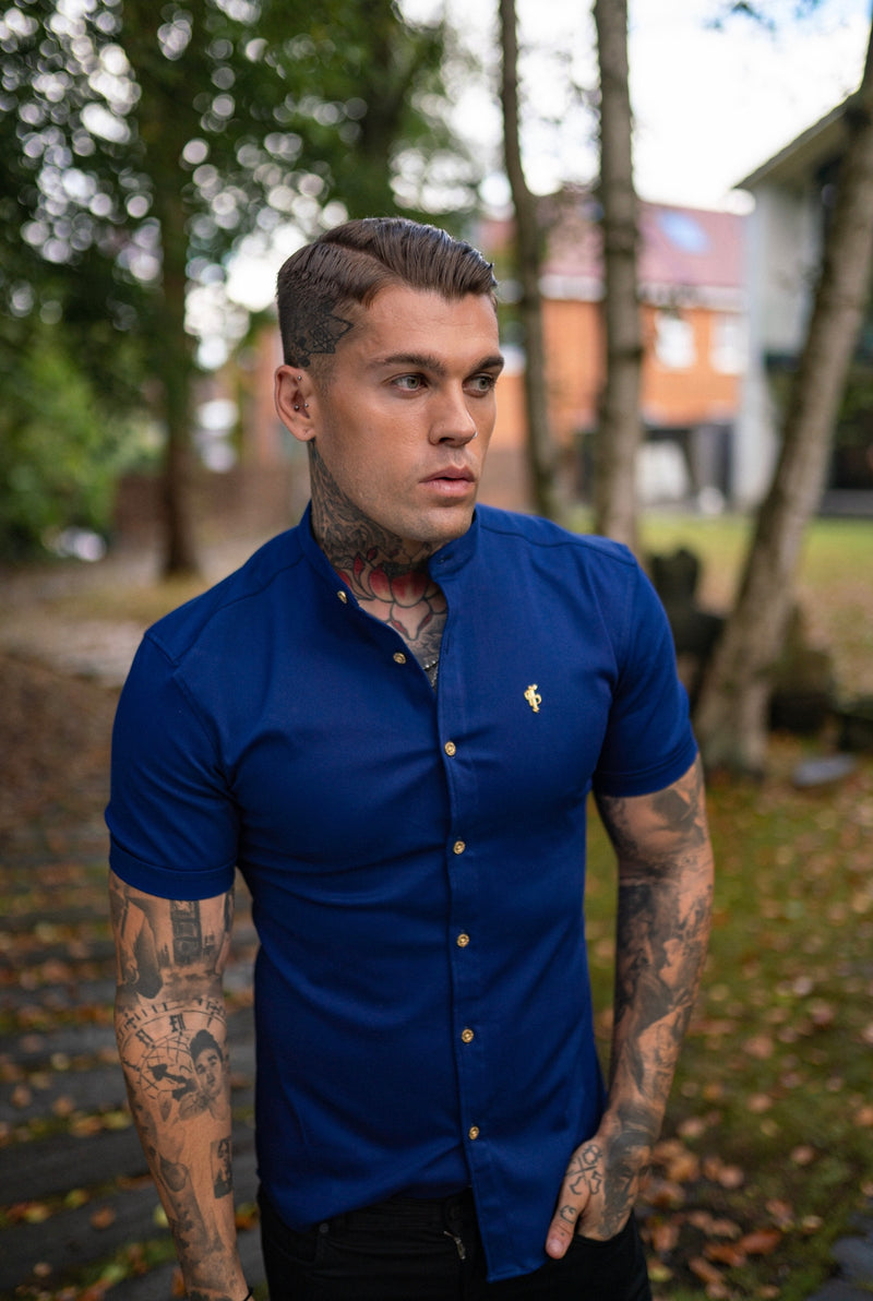 Father Sons Super Slim Stretch Navy Denim Short Sleeve Grandad collar with Metal Buttons and Decal Emblem - FS714