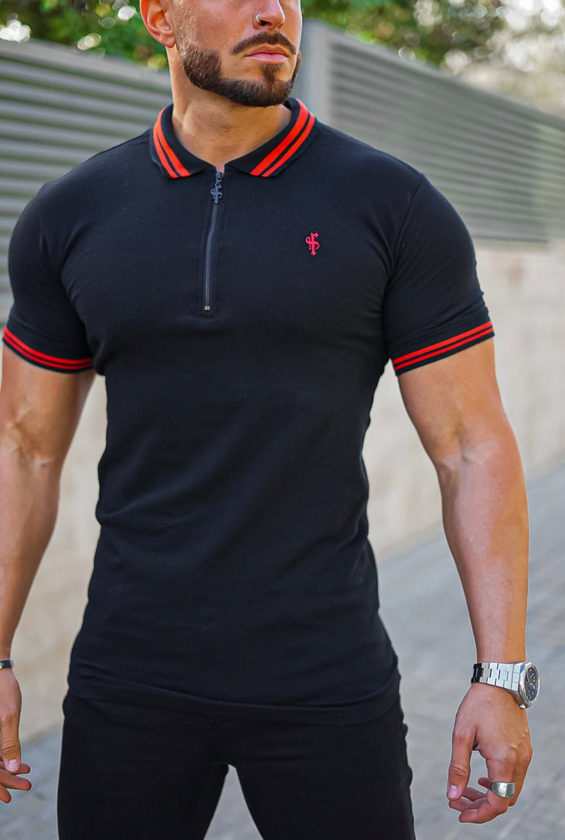 Father Sons klassisches schwarz/rotes Kontrast-Poloshirt mit Kragen und Ärmeln, kurzärmlig – FSH619