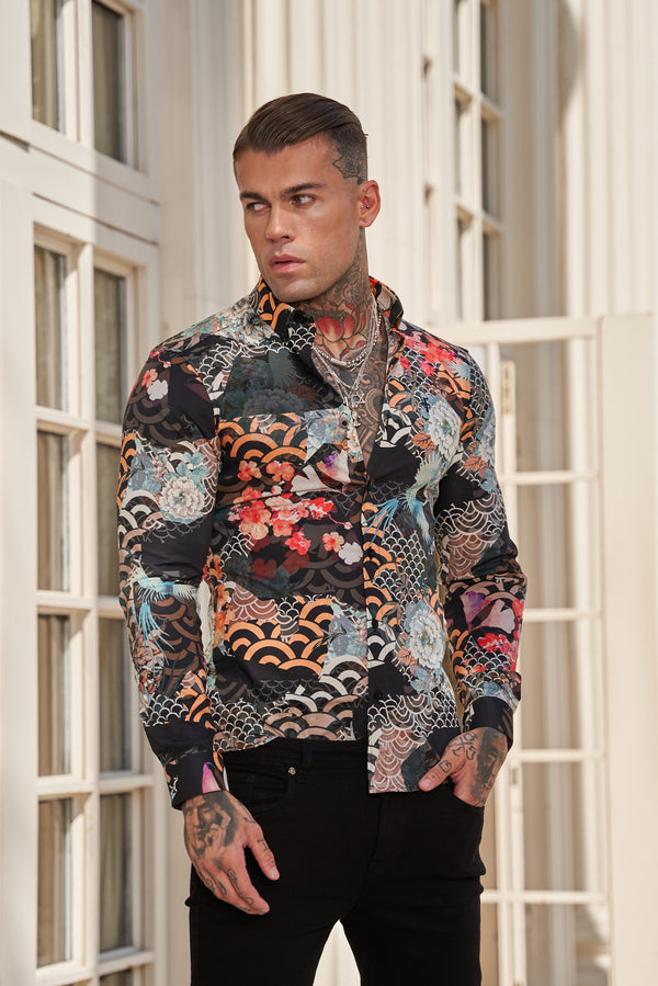 Father Sons Super Slim Stretch Multi Oriental Print Langarmshirt mit Button-Down-Kragen – FS771