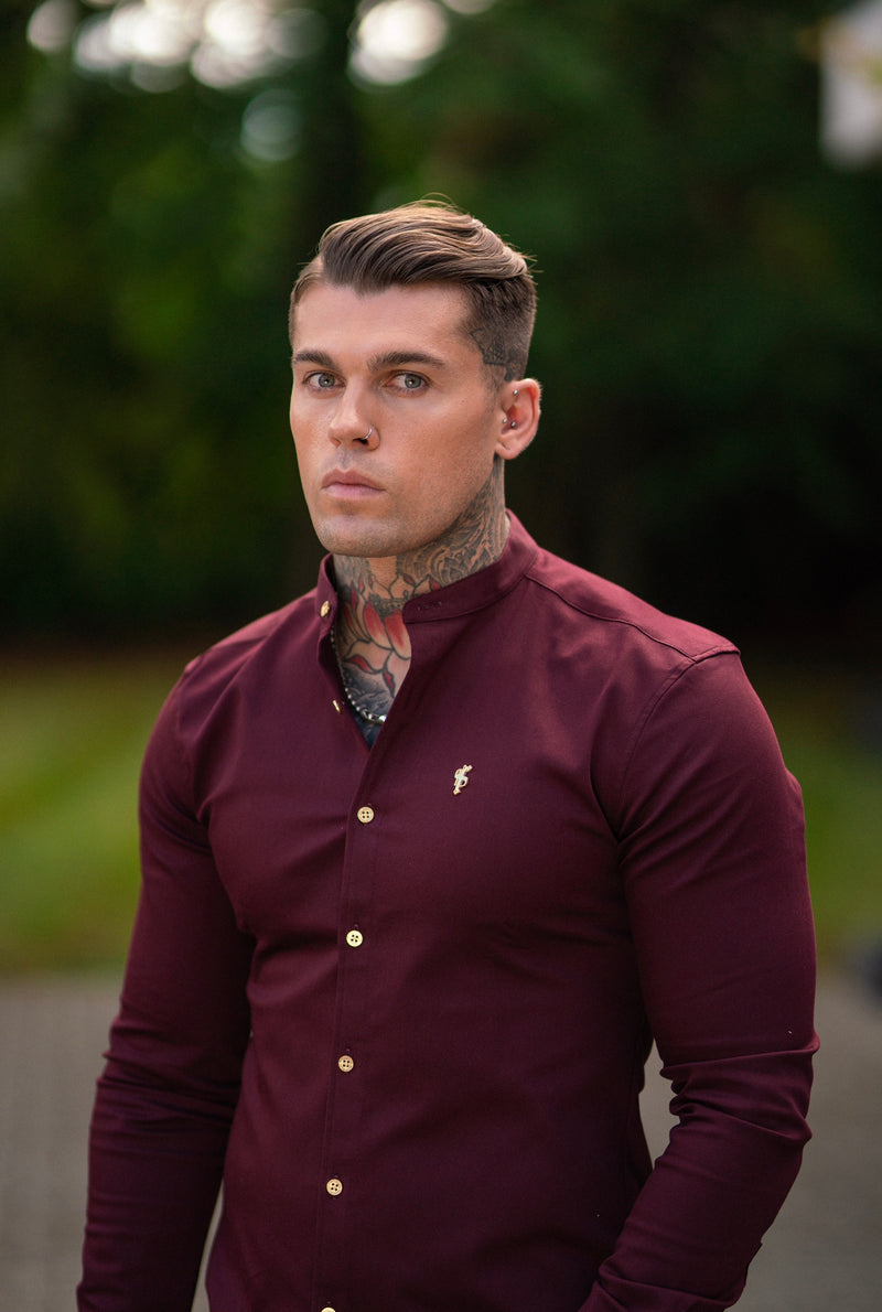 Father Sons Super Slim Stretch Burgundy Denim Long Sleeve Grandad collar with Metal Buttons and Decal Emblem - FS721