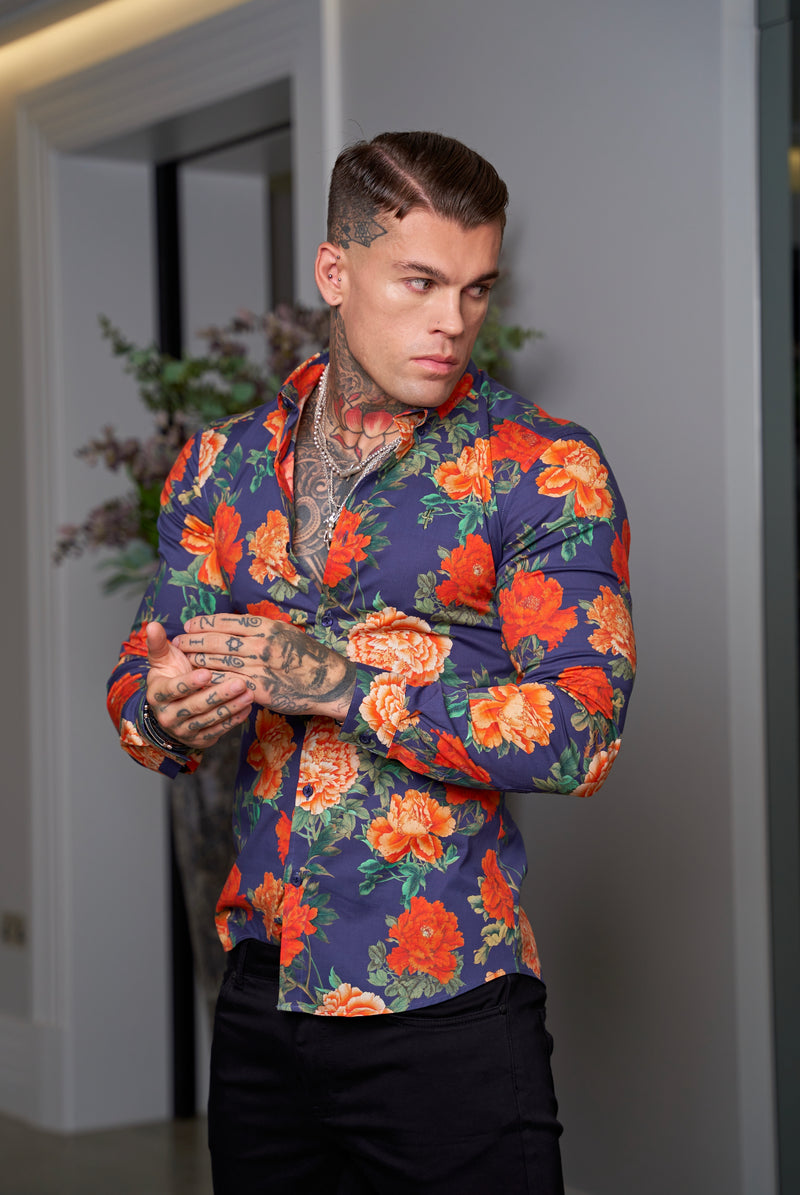 Father Sons Super Slim Stretch Navy and Red Floral Print Long Sleeve with Button Down Collar - FS840